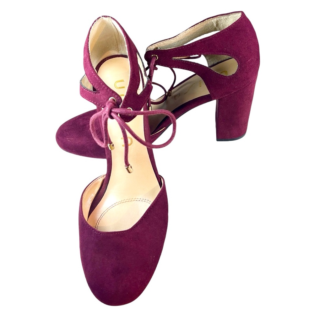 Unisa Faux Suede Ankle Tie Block Heel Pumps Burgundy Size 6 1/2 Valentine Fall - Picture 1 of 9